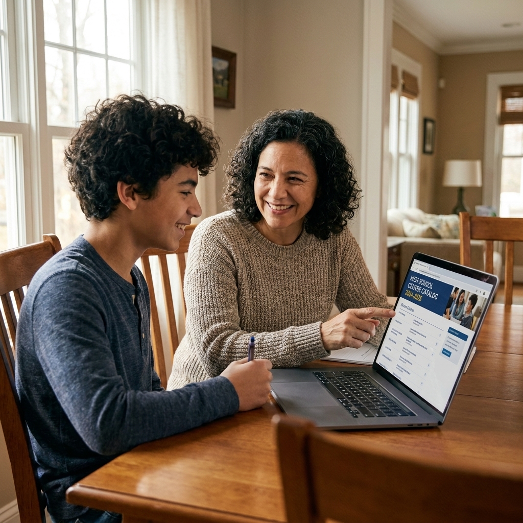 A parent and teenager reviewing an online school course catalog together on a laptop at a dining table.