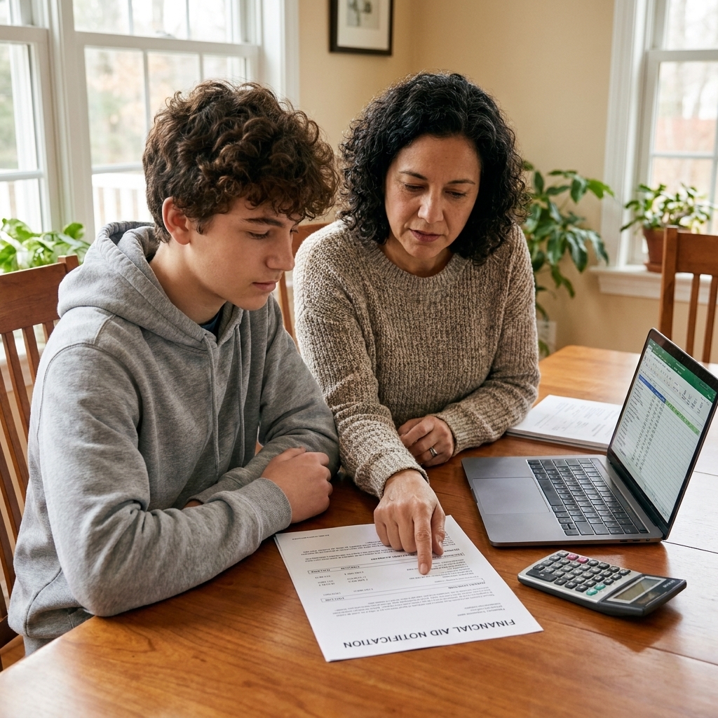 A parent and teenager sitting together at a dining table reviewing a printed financial aid letter, with a laptop and calculator nearby