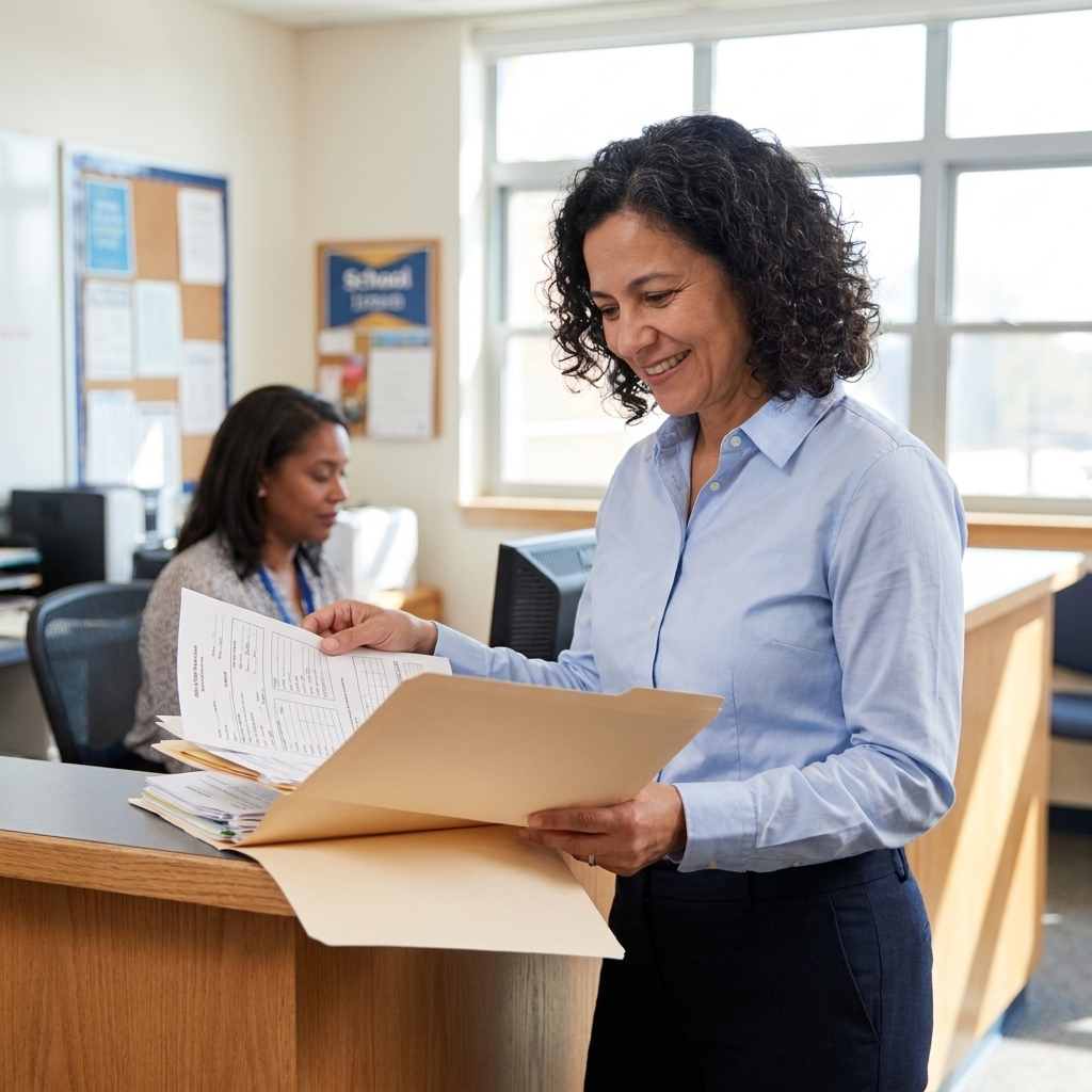 A parent holding a folder of school paperwork while standing at a school front office counter during daytime