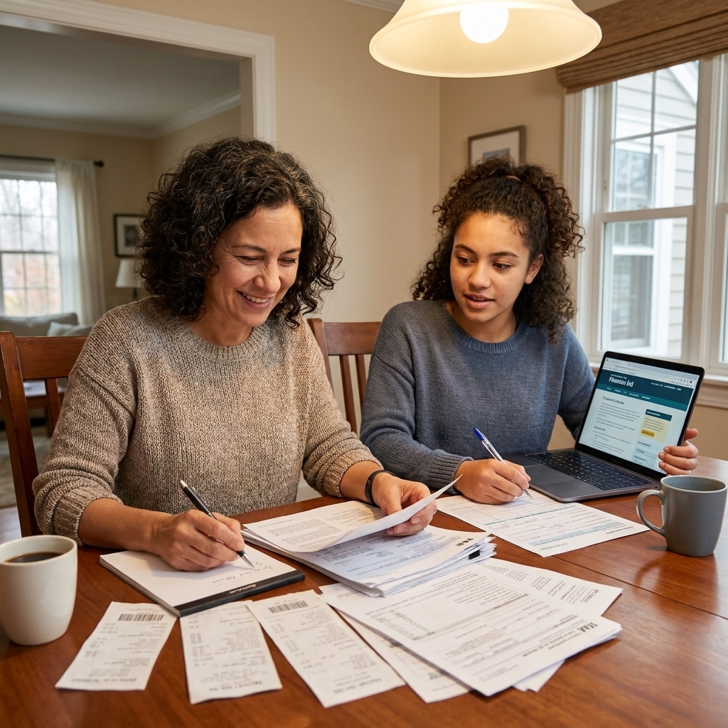 A parent organizing tax documents and a notepad on a dining table while a student looks on, preparing to complete financial aid forms