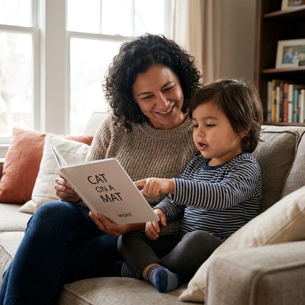 A parent sitting beside a child on a couch as the child reads a simple decodable book aloud, pointing to each word