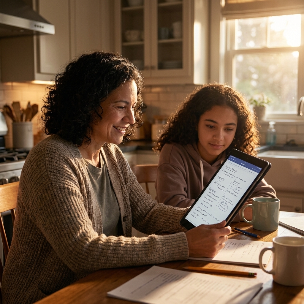 A parent sitting beside a high school student at a kitchen table while the student reviews notes on a tablet, warm evening light in the room