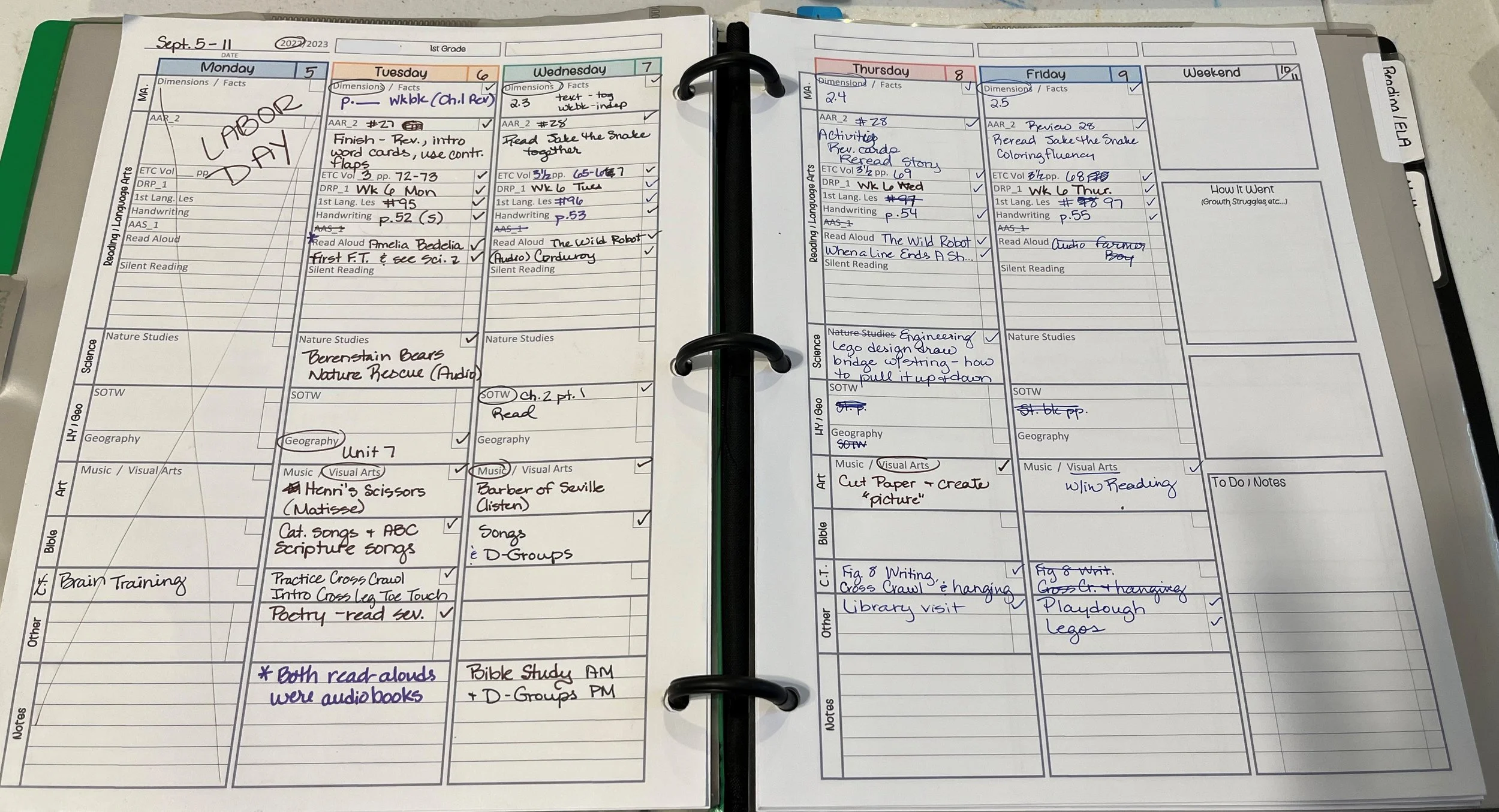 A parent sitting on a couch reviewing a notebook and printed lesson pages, reflecting and making notes