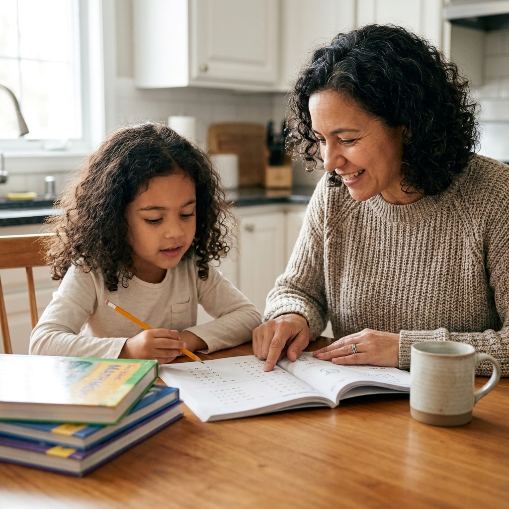 A parent sitting with a child at a kitchen table, pointing to a workbook while a stack of books and a cup sit nearby