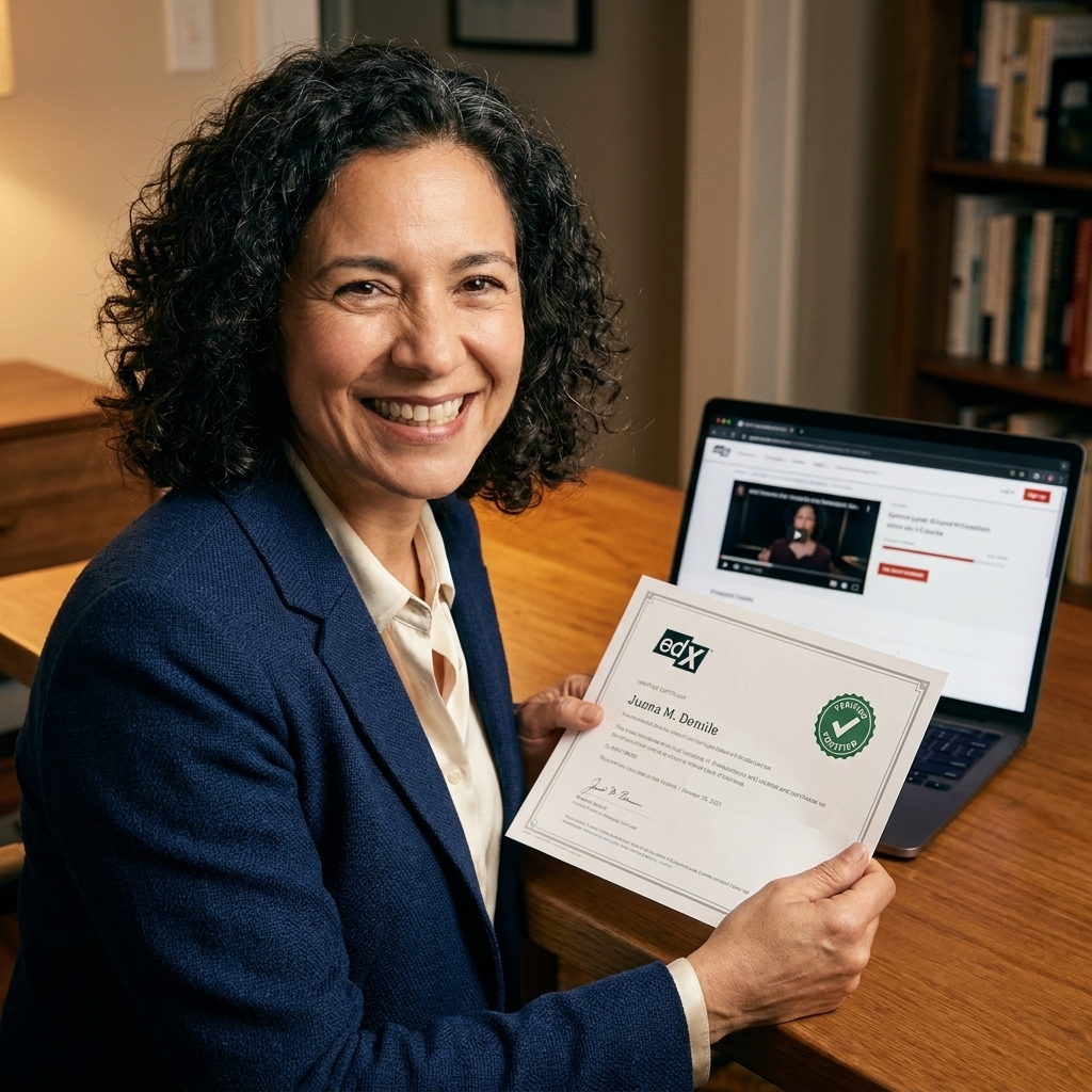 A person holding a printed verified course certificate while sitting at a desk with a laptop open to an edX course page