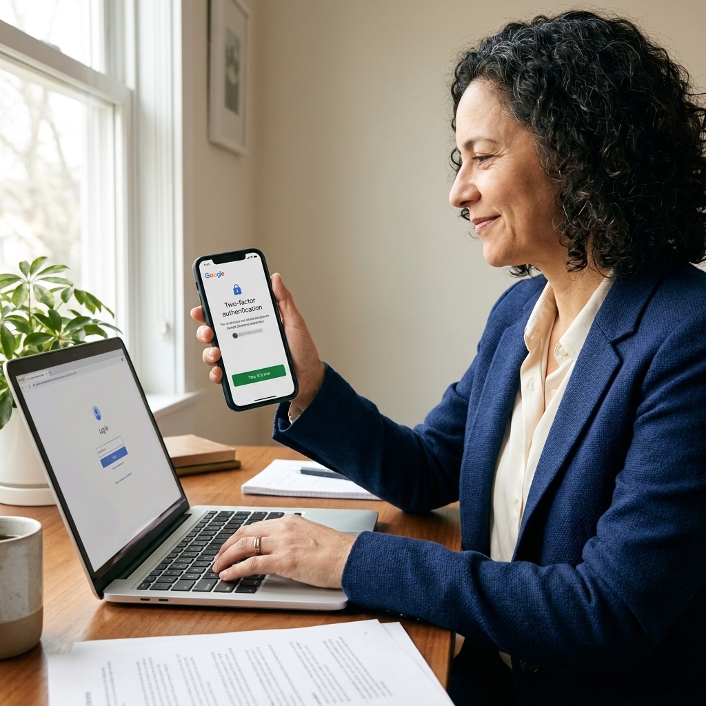 A person holding a smartphone showing a two-factor authentication prompt while using a laptop on a desk, everyday home office setting