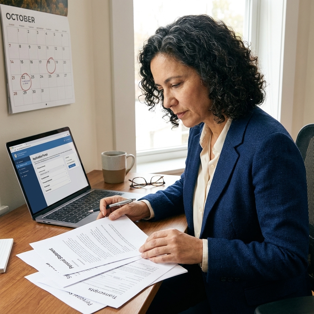 A person reviewing graduate school application documents at a desk with a laptop open, scattered papers, and a calendar nearby