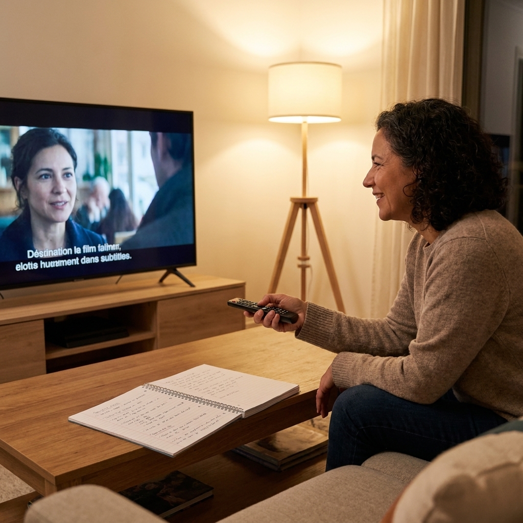 A person sitting on a couch in a living room watching a foreign language show on a TV with a notebook on the coffee table