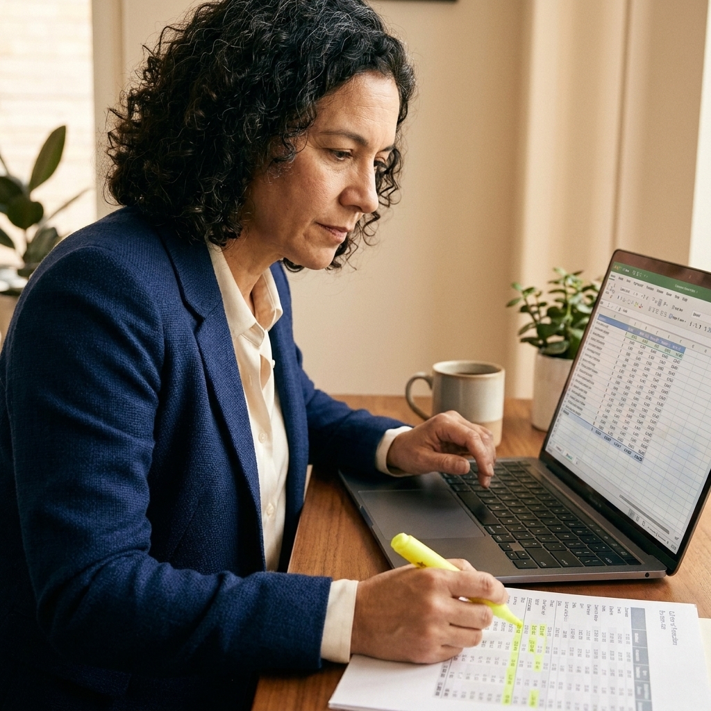 A person working on a laptop with a spreadsheet open, reviewing rows of data while highlighting notes on paper beside the computer