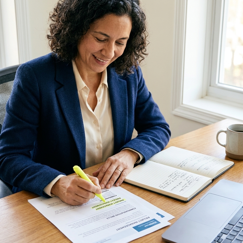 A professional sitting at a desk with a notebook and printed job postings, highlighting repeated skills and requirements with a pen