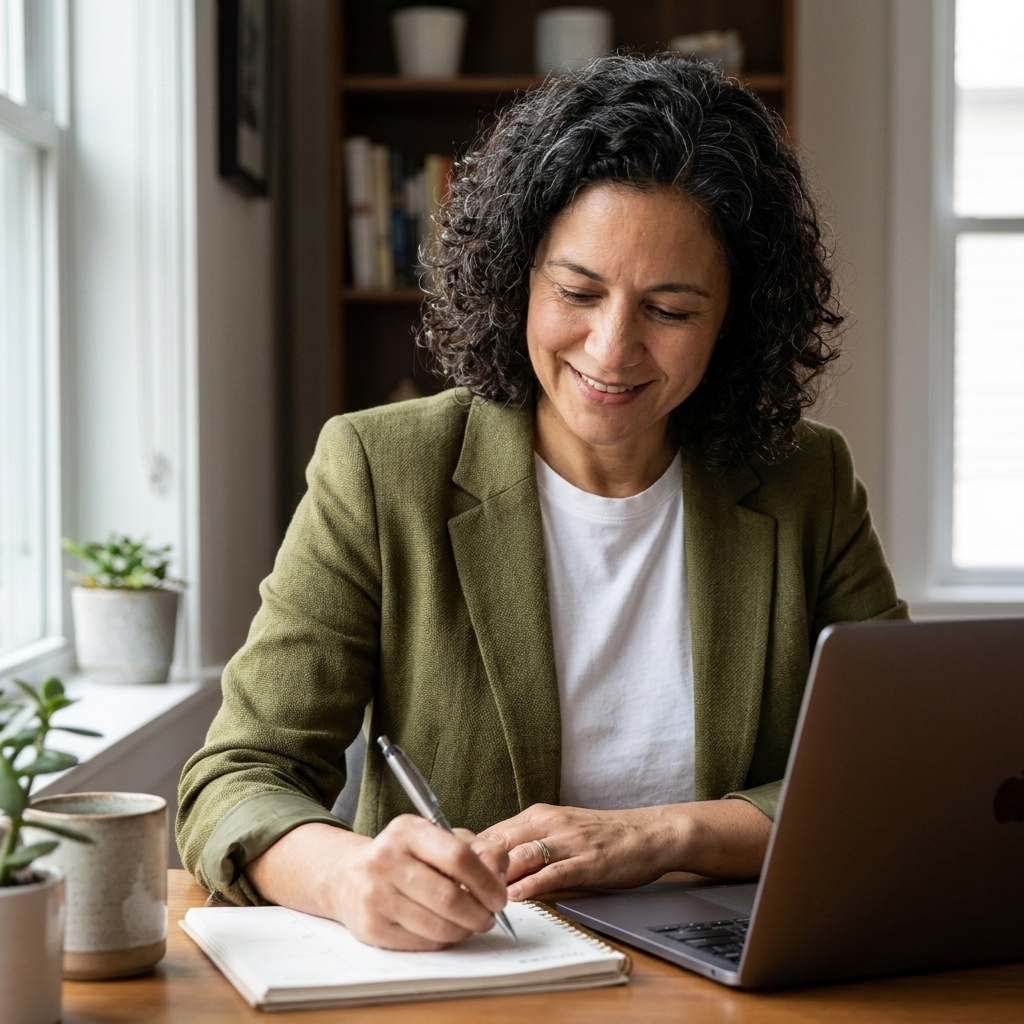 A professional writing a weekly learning schedule in a paper planner beside a laptop, with a calm workspace and natural light