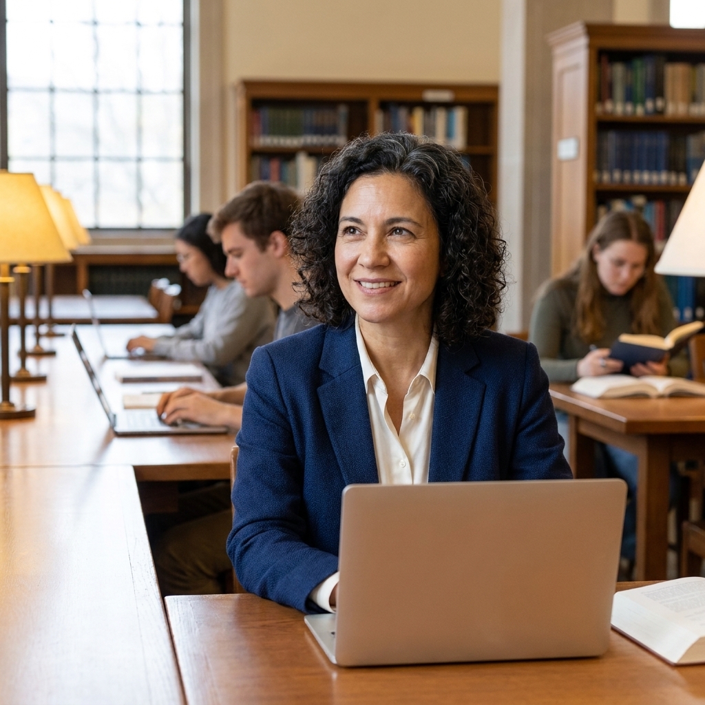 A quiet college library study area with students working on laptops at long wooden tables