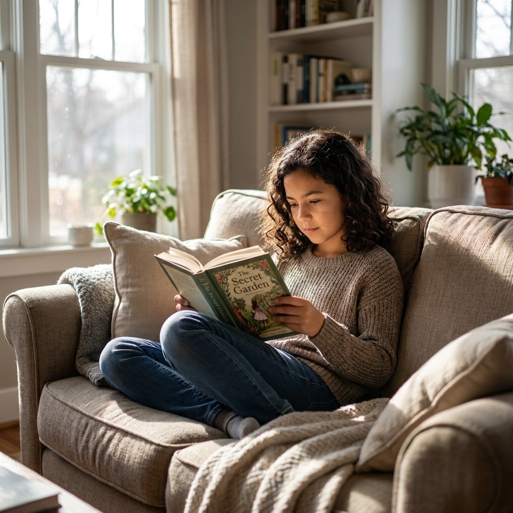 A school-aged child quietly reading a book on a cozy living room couch with soft window light