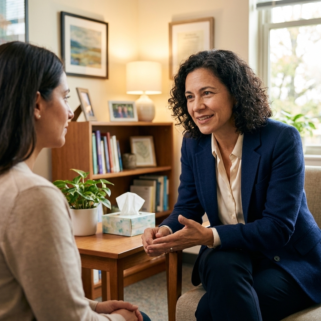 A school counselor speaking with a parent in a quiet office with chairs and a small table, supportive school environment
