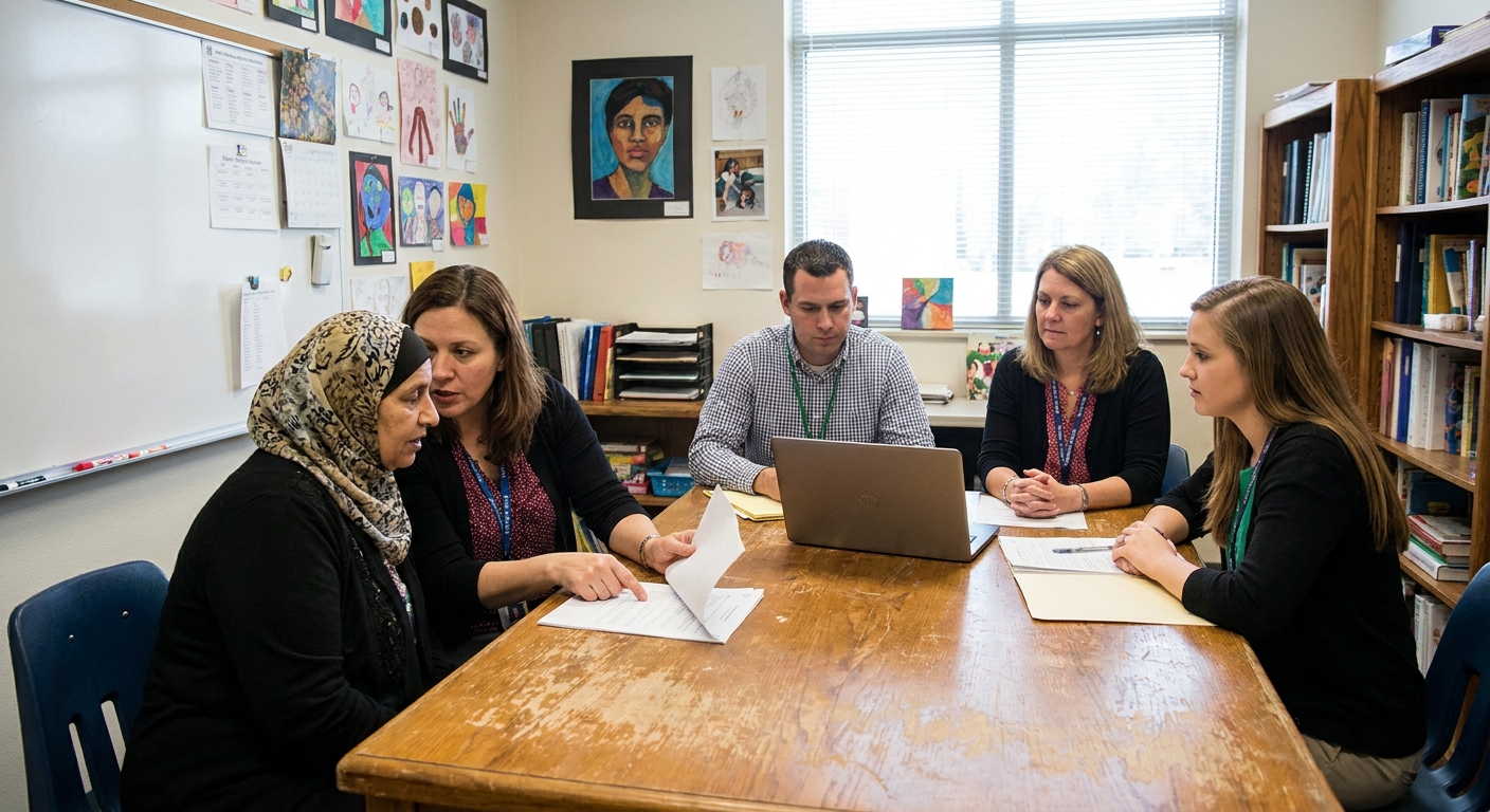 A school interpreter sitting beside a parent during a meeting with educators in a small conference room, helping the parent follow the discussion