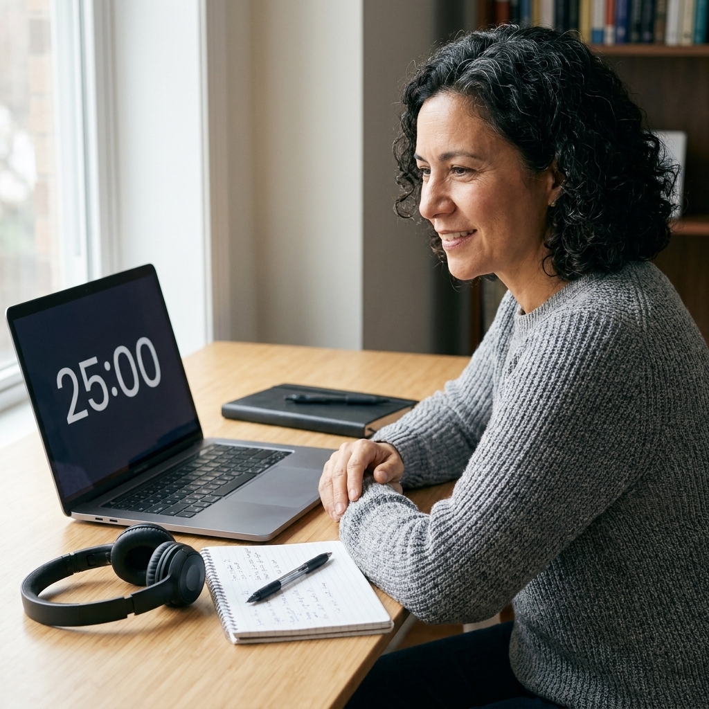 A simple digital timer on a laptop screen beside a notebook and headphones on a tidy desk, suggesting a focused study session