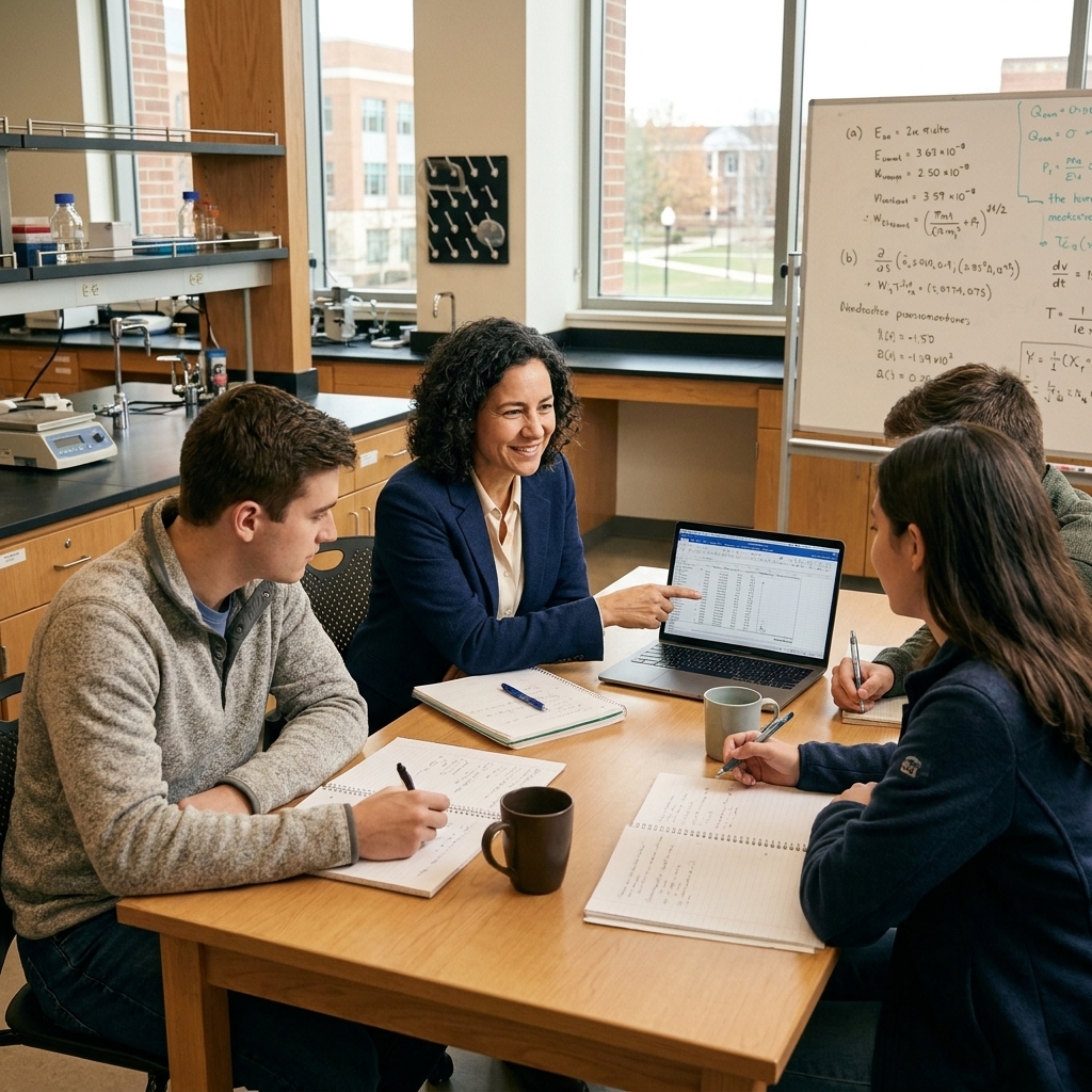 A small group of graduate and undergraduate students meeting around a table in a university research lab, discussing notes and a laptop