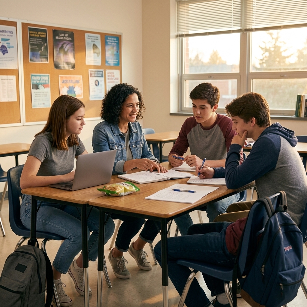 A small group of high school students sitting around a classroom table during an after-school club meeting, discussing notes and planning