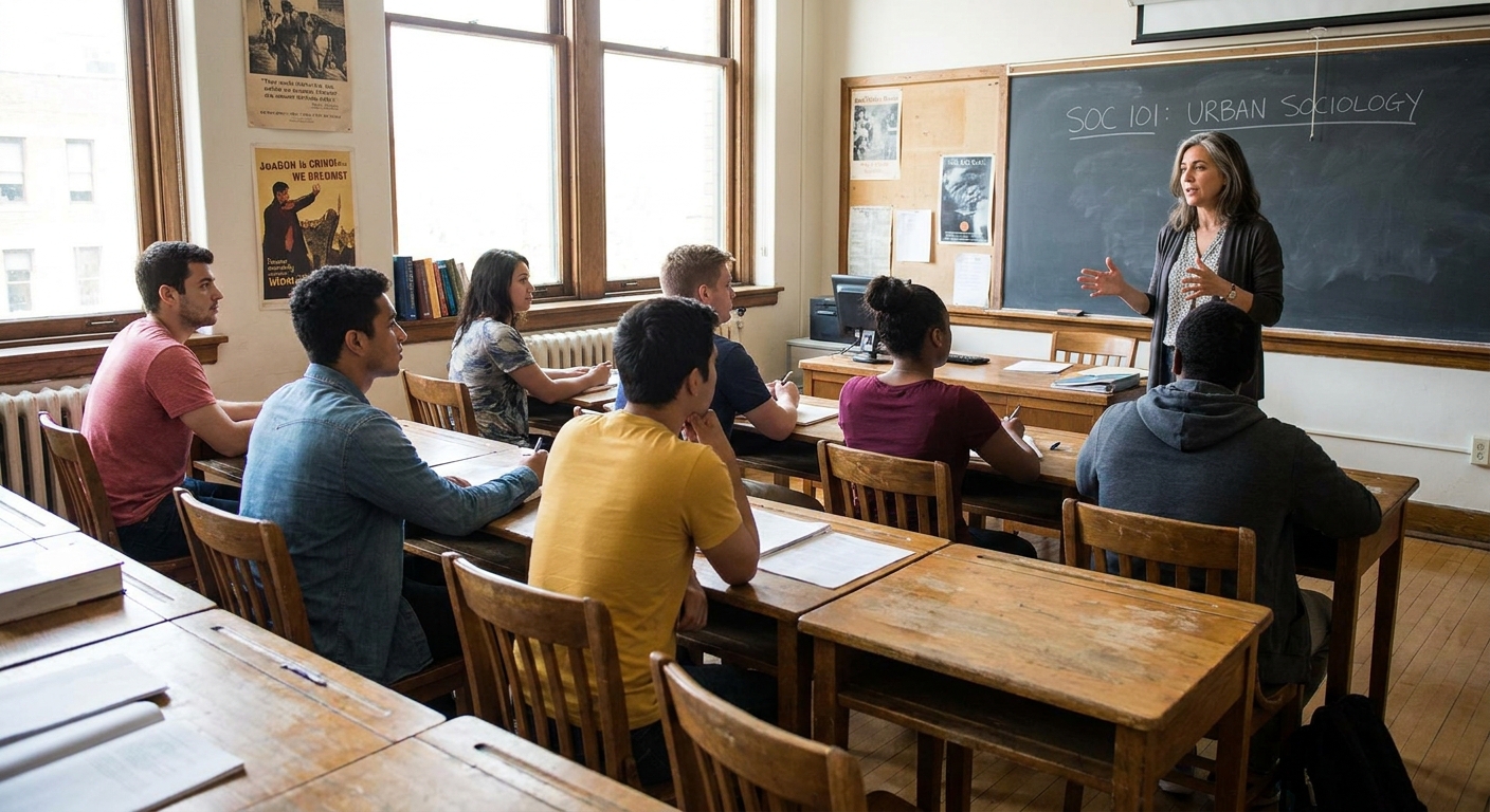 A small group of students seated in a community college classroom, listening to a professor at the front of the room