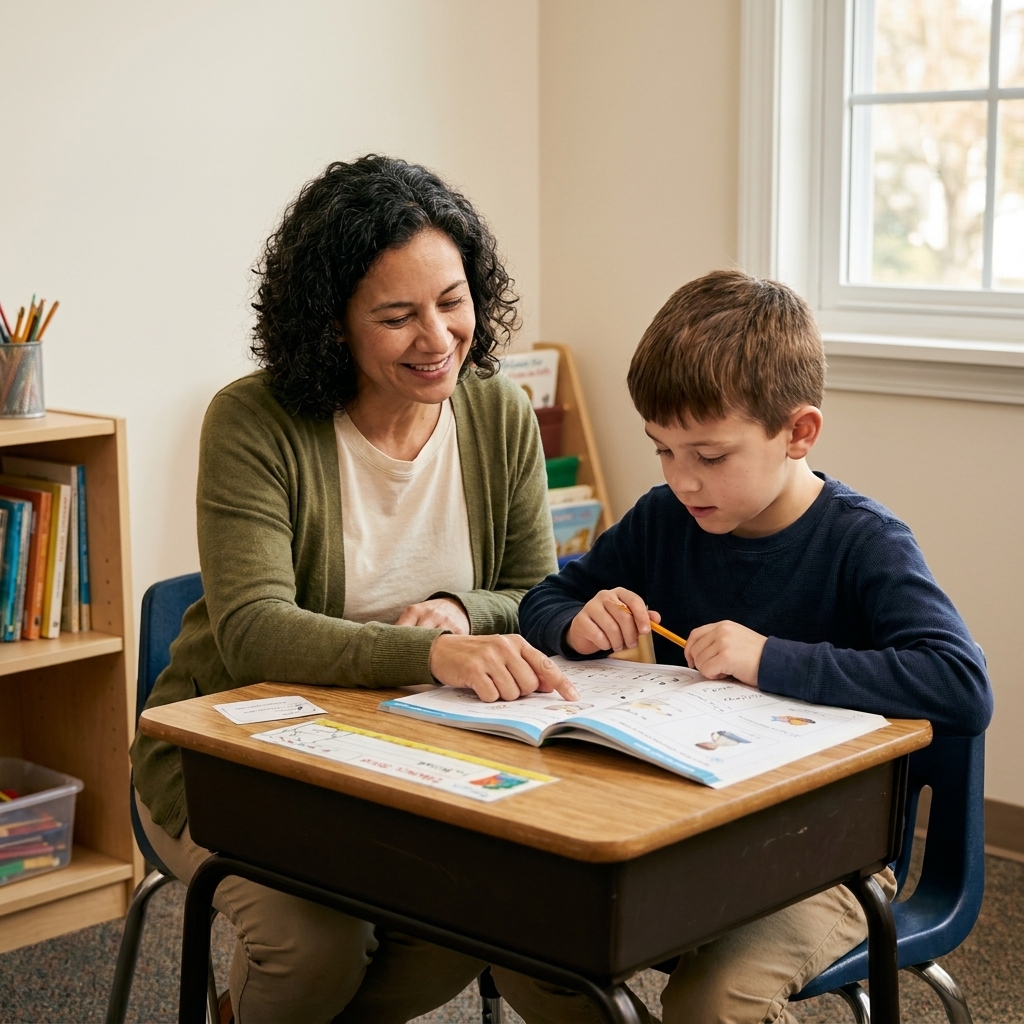 A special education teacher sitting at a small table with a student working on reading materials in a quiet school room