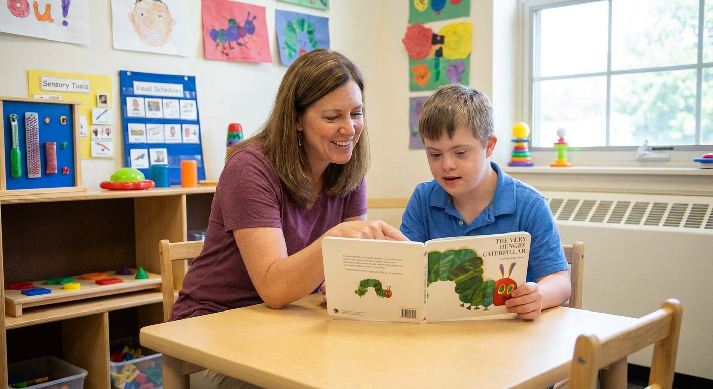 A special education teacher sitting beside a student at a small table in a classroom, guiding the student through a reading activity