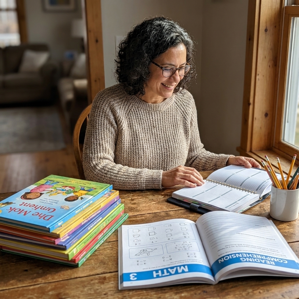 A stack of homeschool workbooks and children’s books spread out on a wooden table next to pencils and a planner