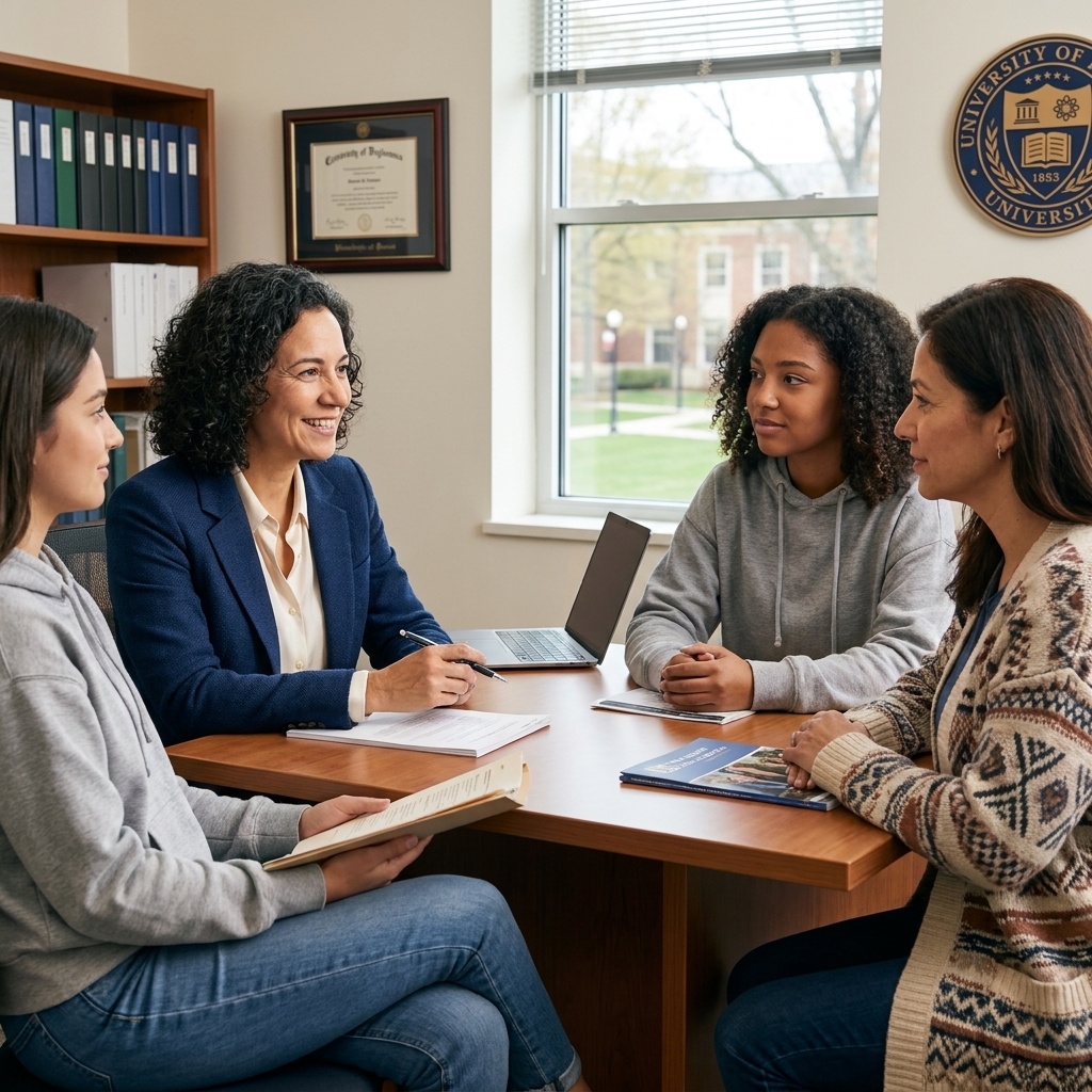 A student and a parent speaking with a financial aid counselor across a desk in a university office setting