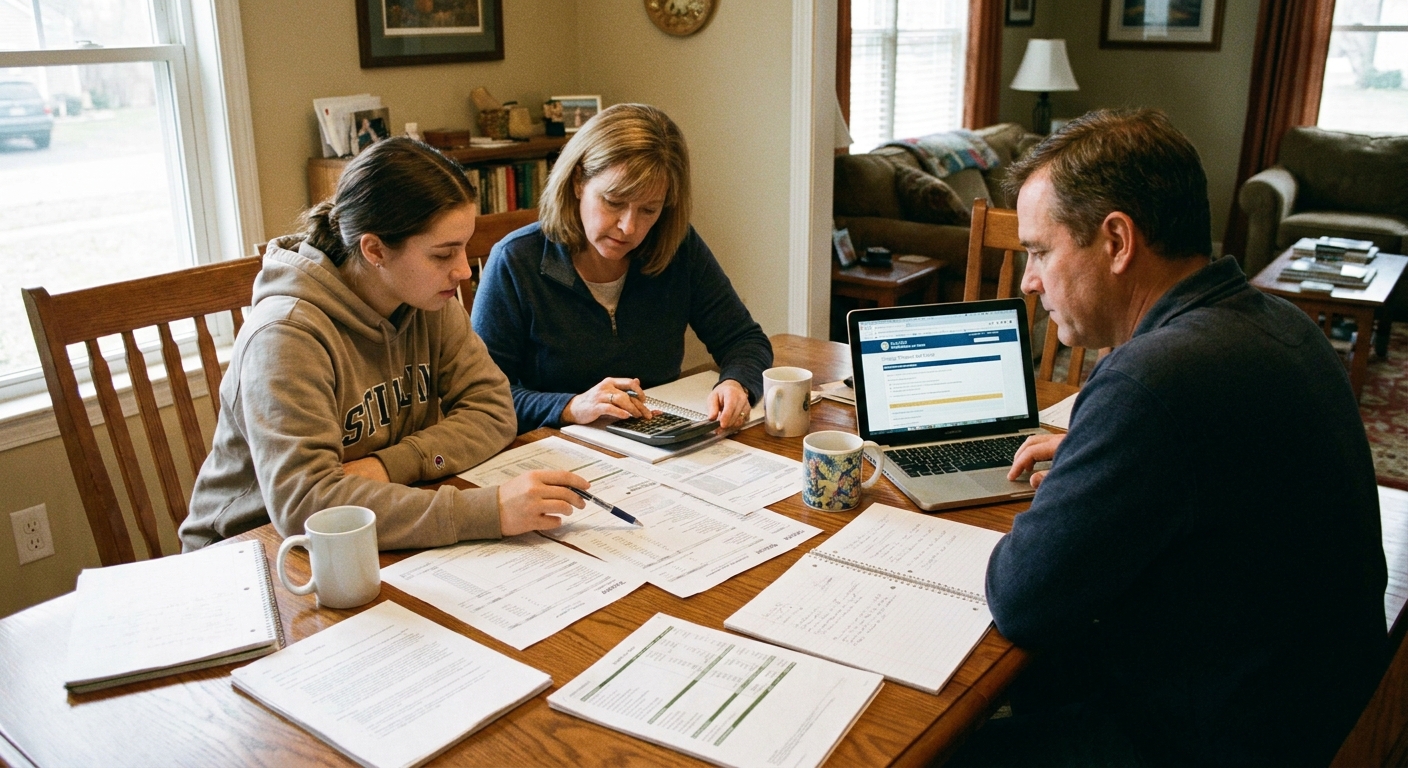 A student and two family members review a college budget on paper at a dining table with a laptop and a calculator