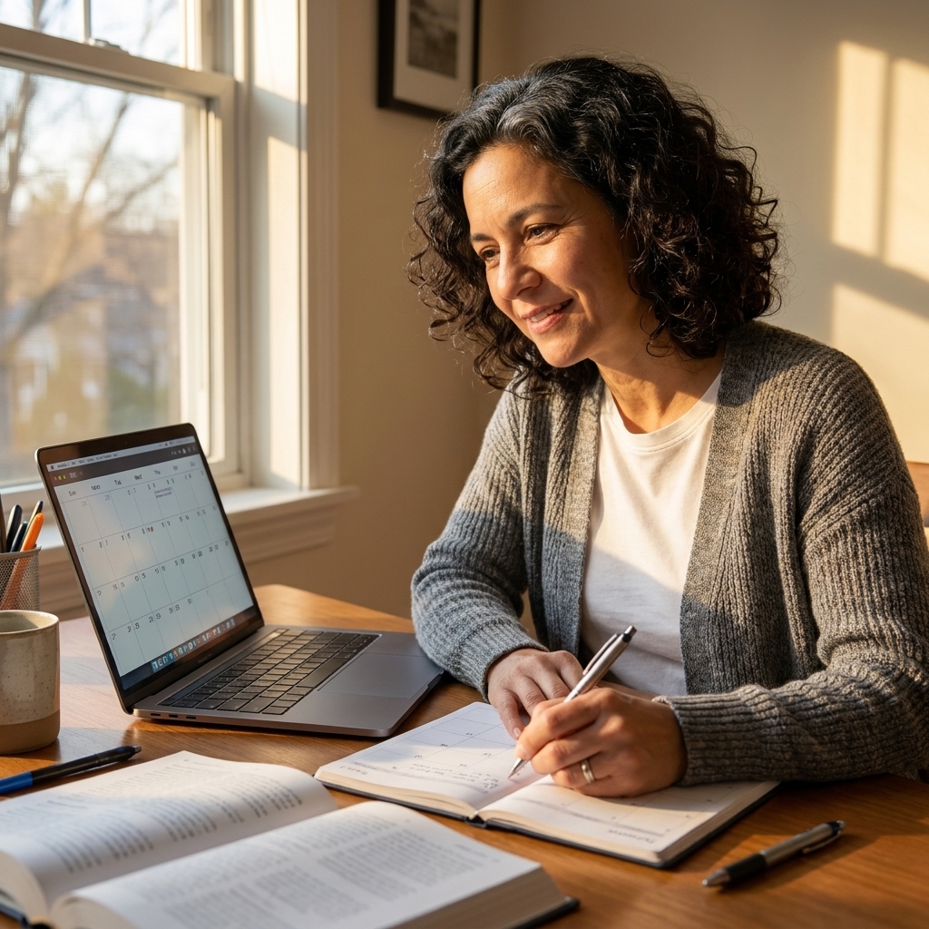 A student at a desk looking at a calendar on a laptop while writing study times in a planner, late afternoon