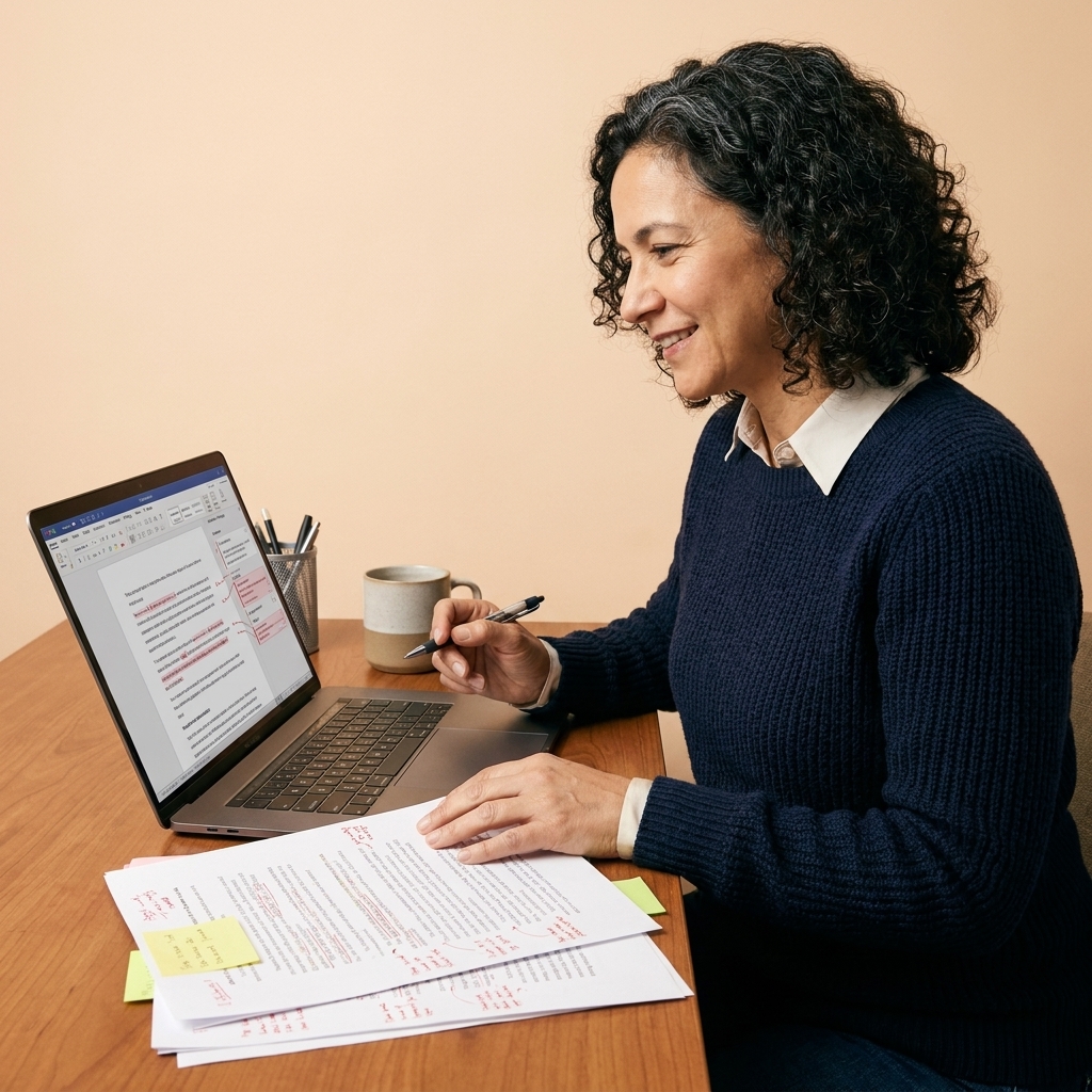 A student at a desk revising a document on a laptop, with printed pages covered in handwritten edits beside the keyboard