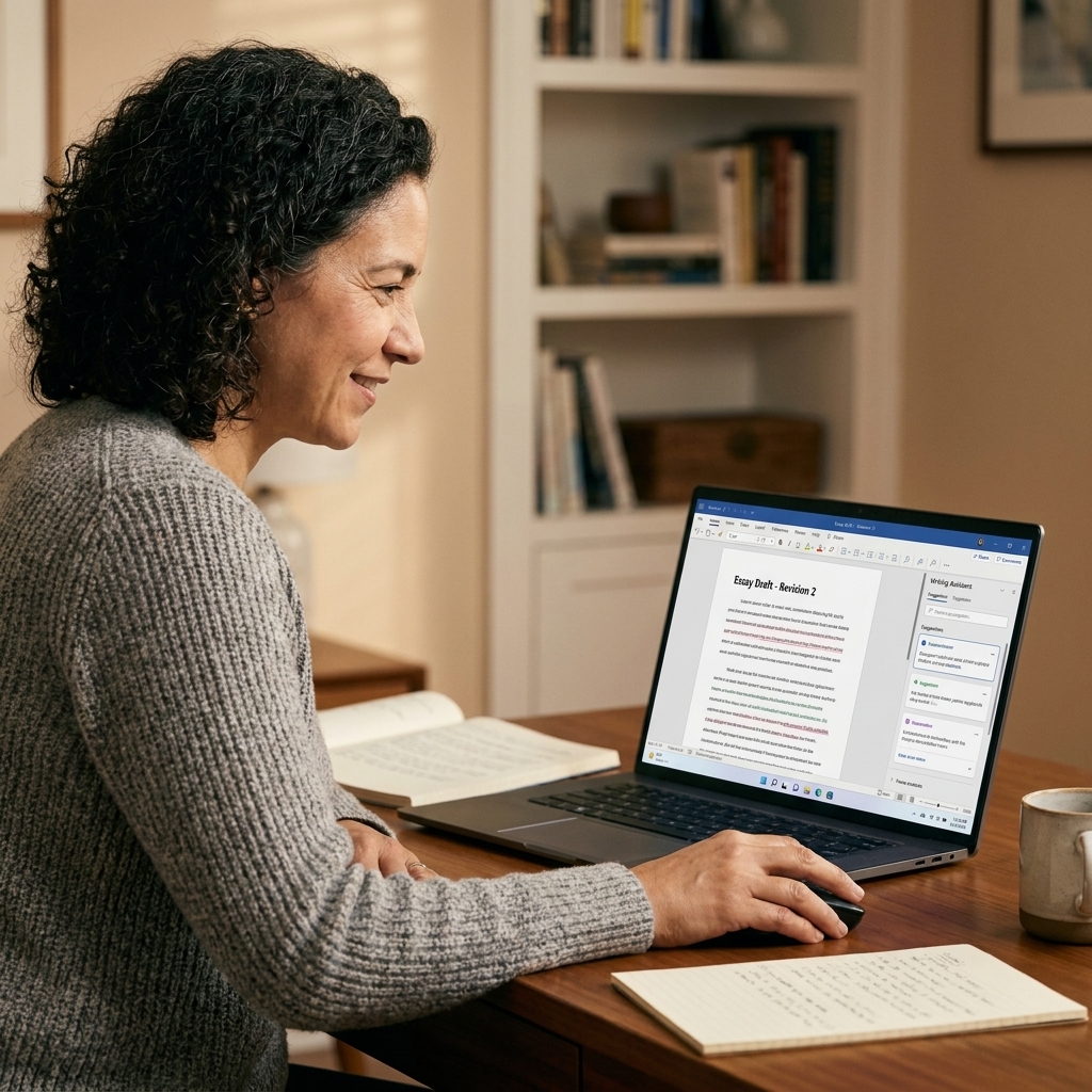 A student at a desk revising an essay on a laptop with a writing assistant sidebar open