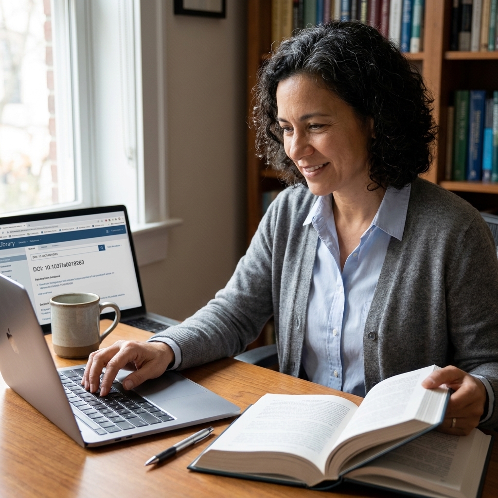 A student at a desk typing on a laptop while referencing an open book, focused on looking up an academic article using a DOI