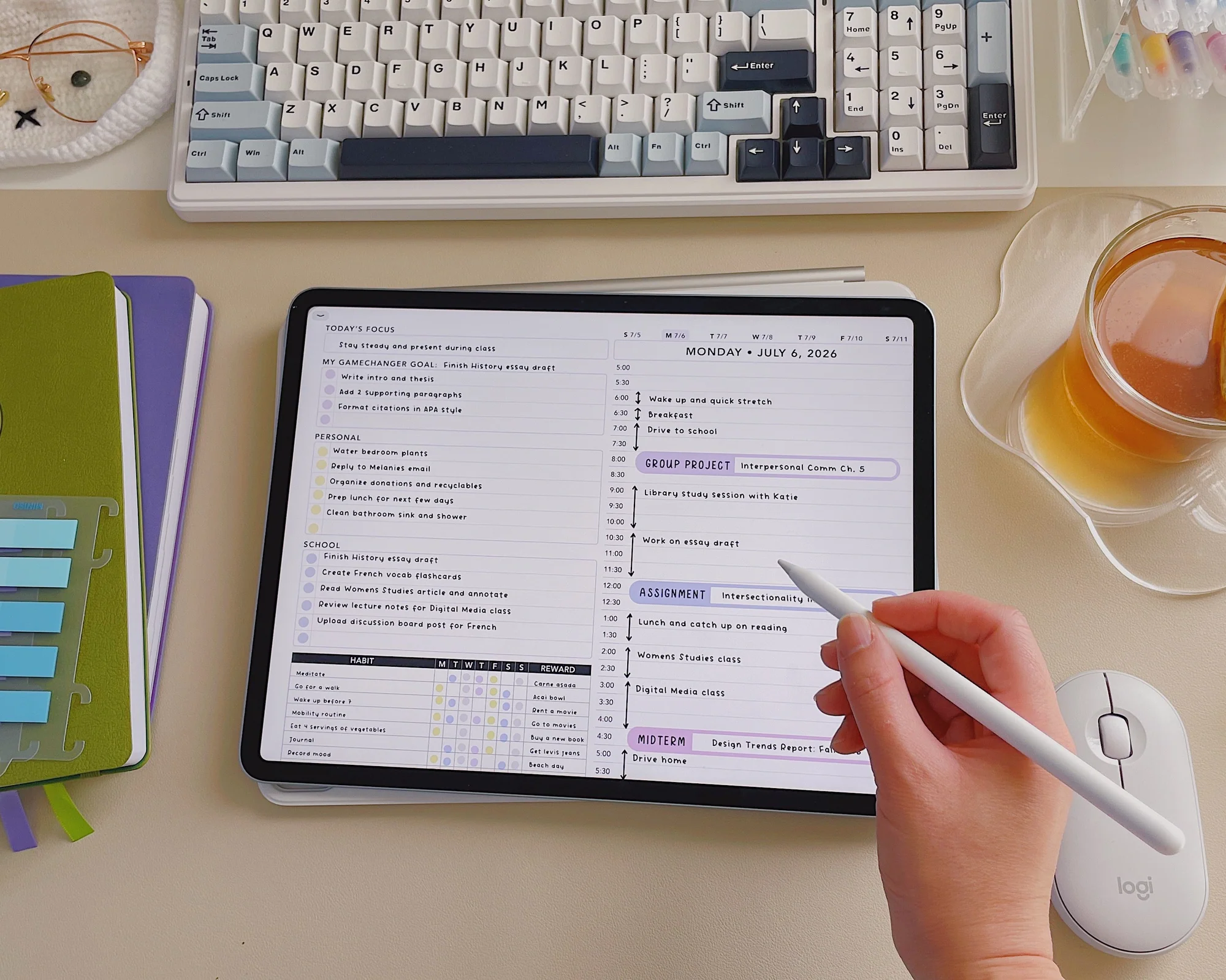 A student at a desk writing in a weekly planner next to a laptop and a cup of coffee, setting up study blocks for the week