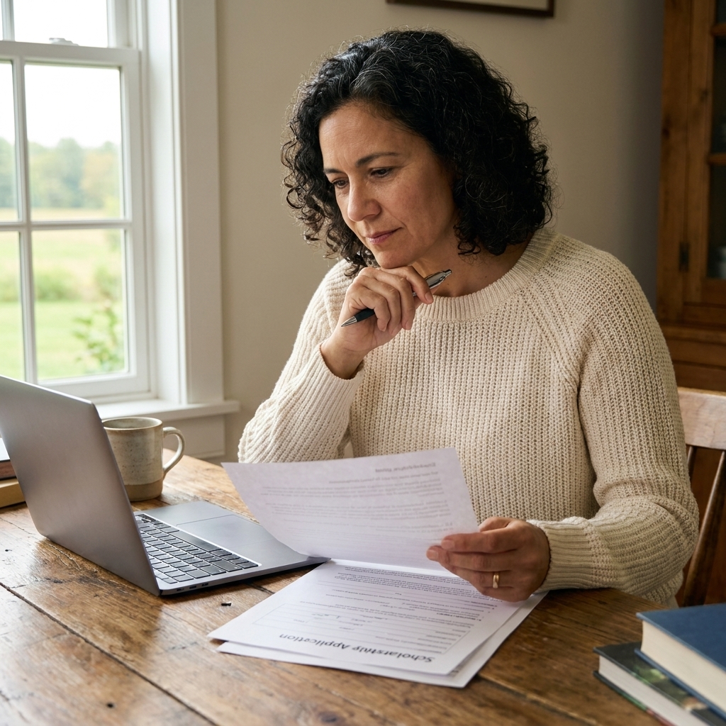 A student at a farmhouse table reviewing scholarship documents with a pen and a laptop, with fields visible through a window