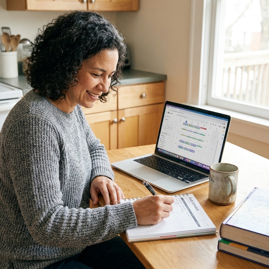 A student at a kitchen table writing a study schedule in a paper planner with a laptop open nearby