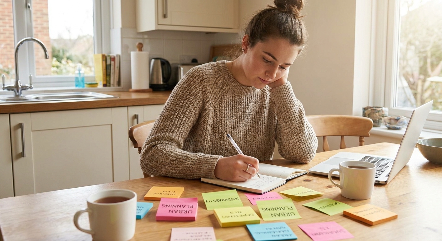 A student at a kitchen table writing brainstorming notes on paper with sticky notes spread out, looking focused and calm