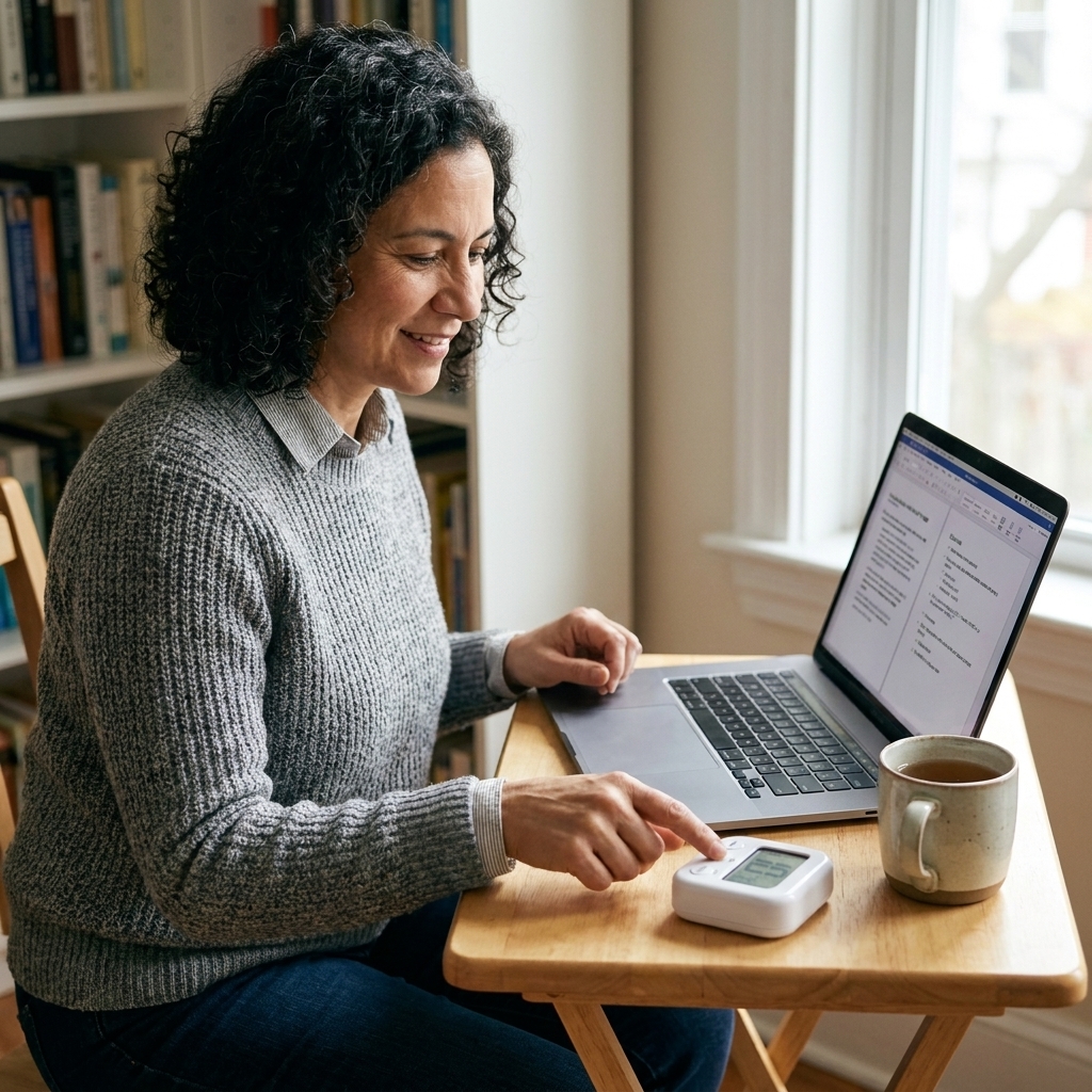 A student at a small desk pressing start on a simple kitchen timer next to a laptop and a cup of tea