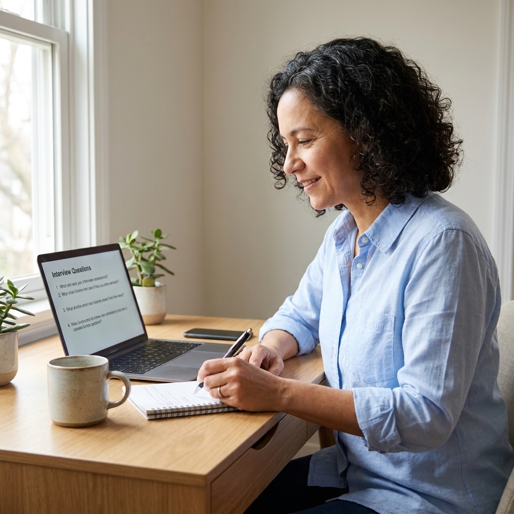 A student at a tidy desk at home reviewing notes on a laptop with a notebook and pen nearby, preparing for an interview