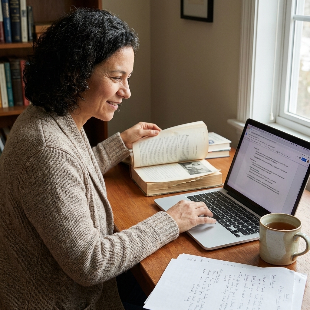 A student at a wooden desk flipping through a history textbook while drafting connected study notes on a laptop, with a cup of tea nearby