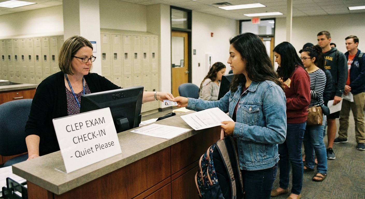 A student checking in at a test center front desk with an ID card and registration confirmation for a CLEP exam