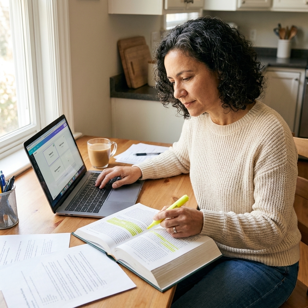 A student highlighting a textbook page while typing flashcards on a laptop at a kitchen table