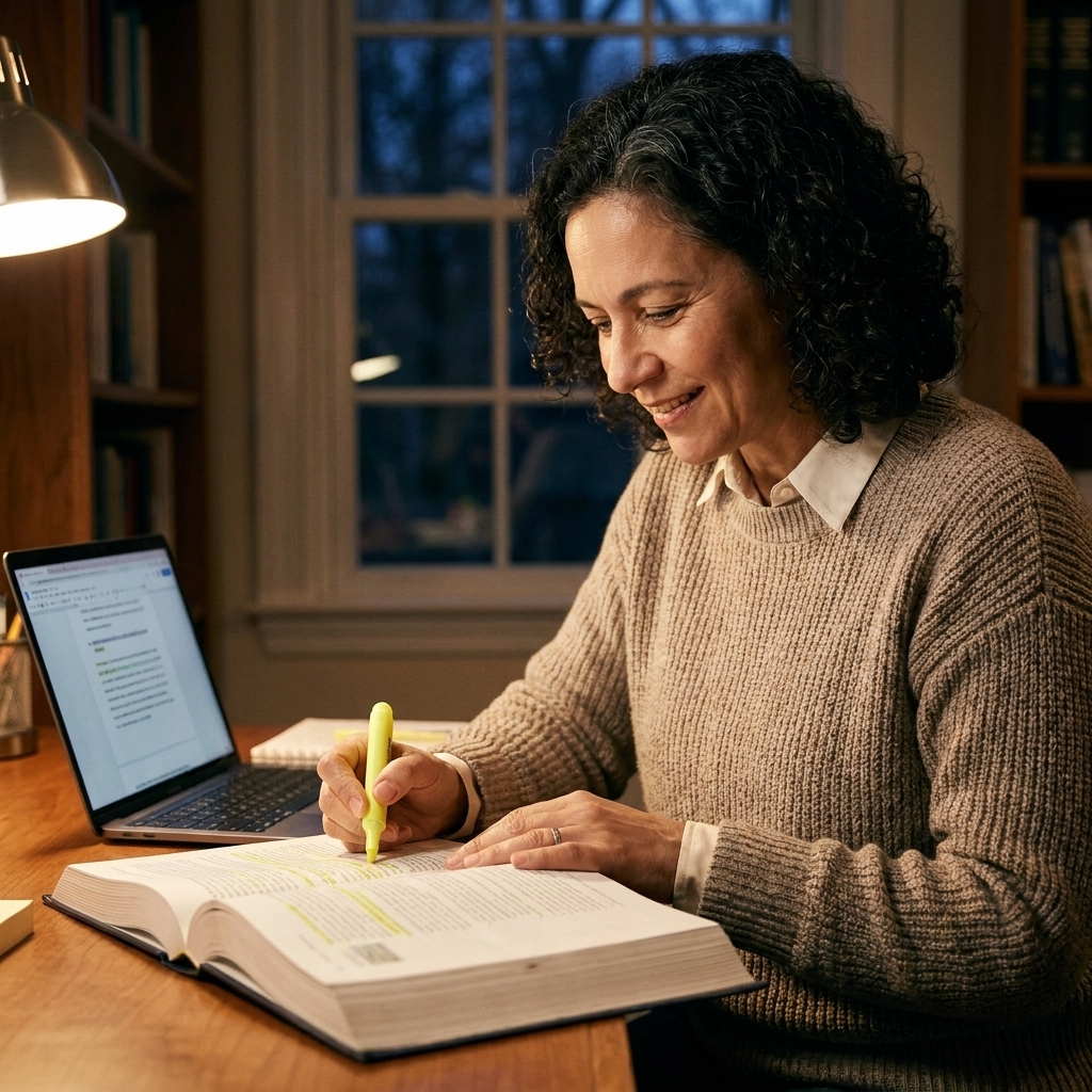 A student highlighting a textbook while referencing notes on a laptop during an evening study session