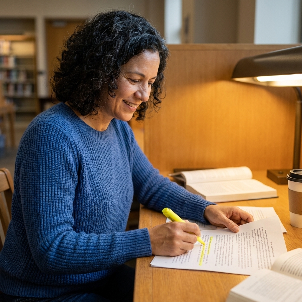 A student holding a pen and highlighting citations on printed essay pages at a study desk