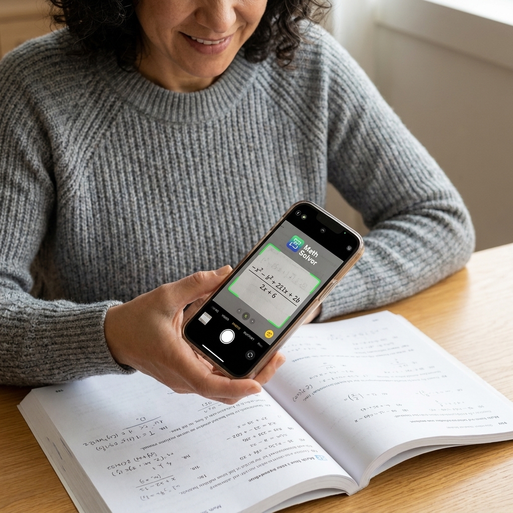 A student holding a smartphone above an open math workbook, using a math solver app to scan an equation