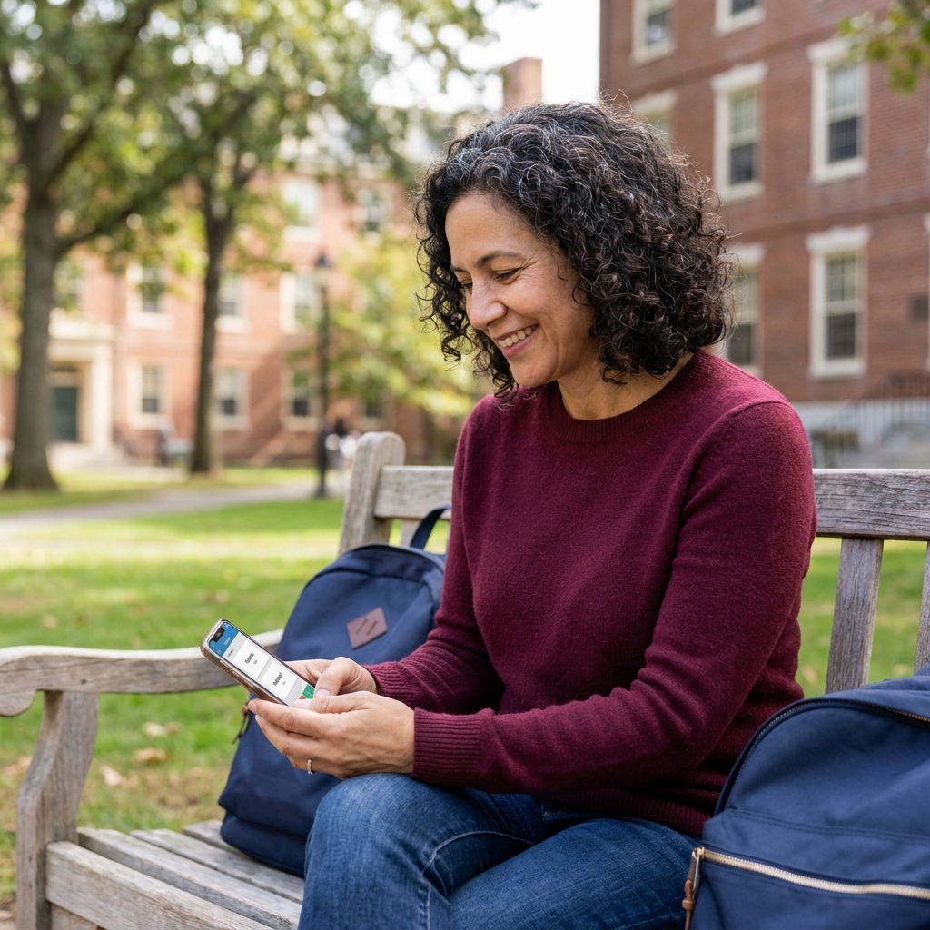A student holding a smartphone reviewing flashcards while sitting on a campus bench with a backpack nearby