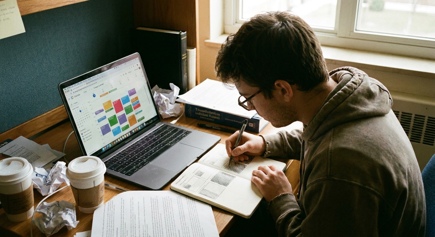 A student looking at a weekly calendar on a laptop while marking time blocks in a paper notebook