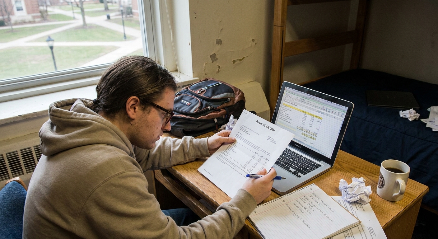 A student reading a college financial aid offer letter at a desk with a laptop and notebook nearby, concentrating as they compare costs