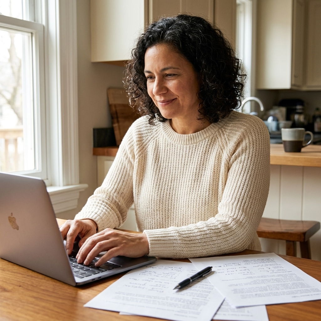 A student revising an application essay on a laptop at a kitchen table with printed pages and a pen nearby