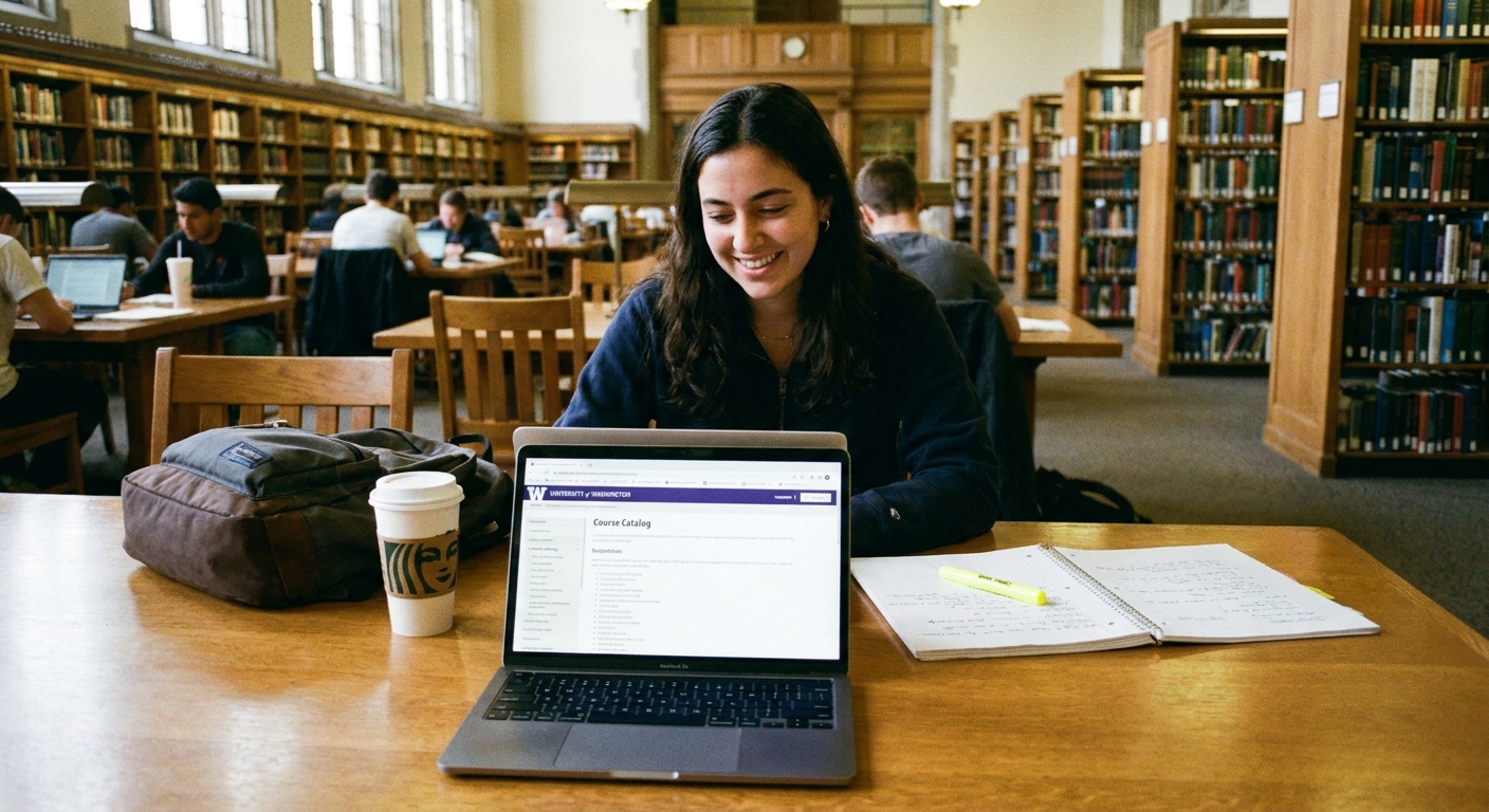 A student sitting at a campus library table browsing a university course catalog on a laptop, with a notebook open and highlighter nearby