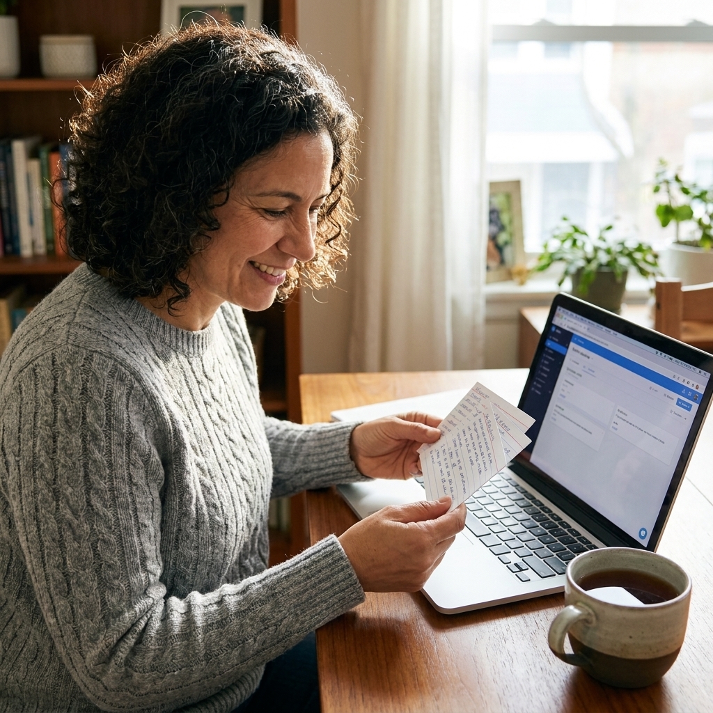 A student sitting at a desk at home reviewing handwritten flashcards next to a laptop and a cup of tea